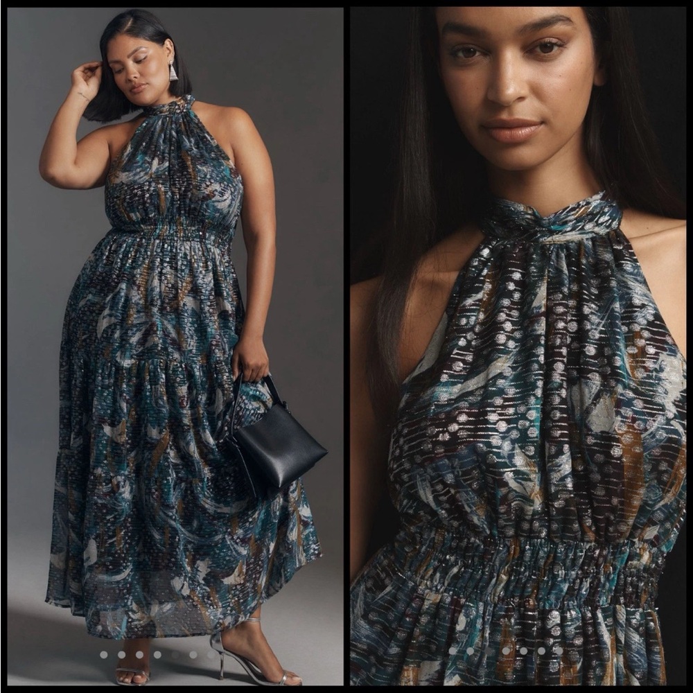 Anthropologie The Somerset Metallic Multicolor Halter Maxi Dress